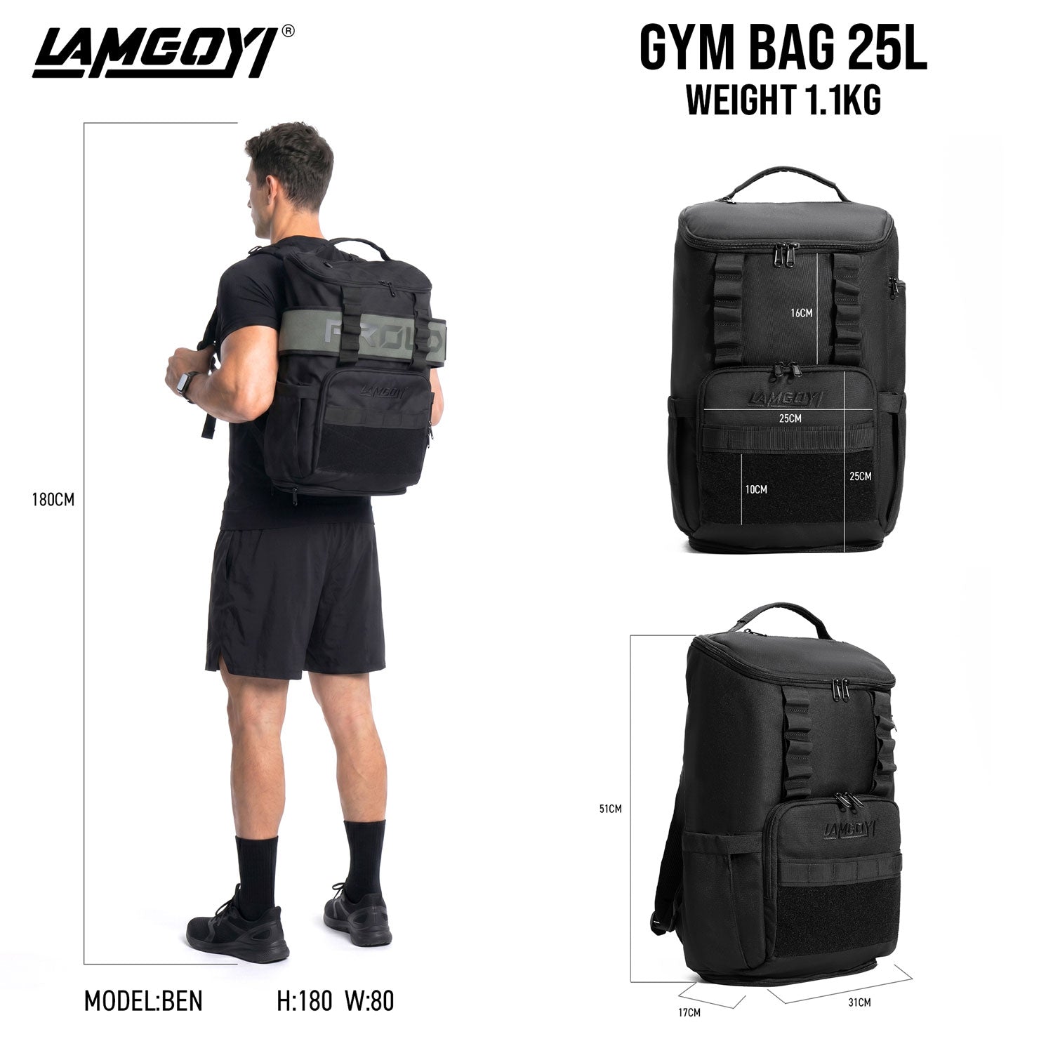 LAMGOYI กระเป๋าเป้ สายฟิตเนส GYM & HYROX Backpack 25L รุ่น MOVE สีดำ (Black)-2