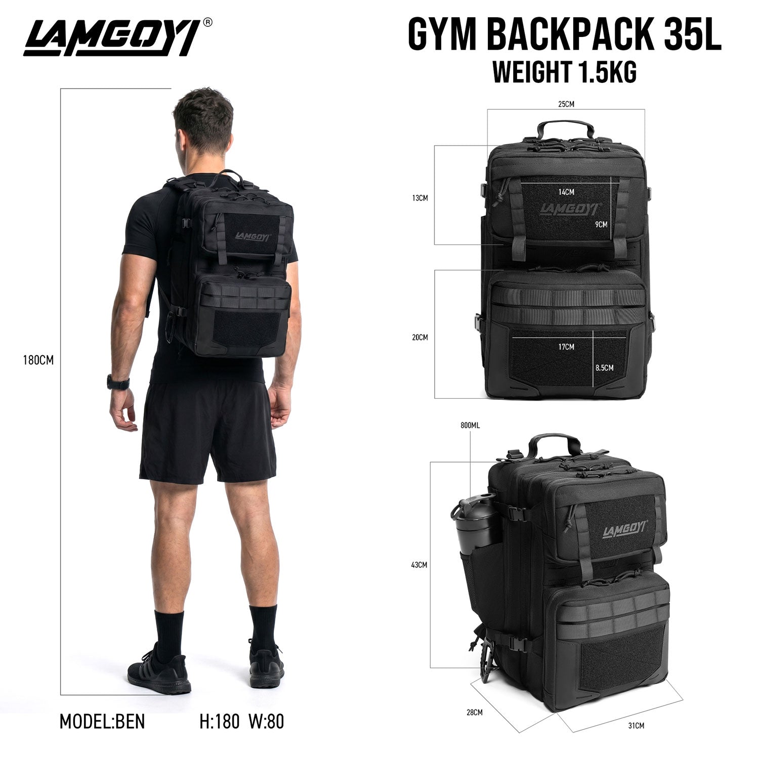 LAMGOYI กระเป๋าเป้ สายฟิตเนส GYM & HYROX Backpack 35L รุ่น TRAIN สีดำ (Black)-2
