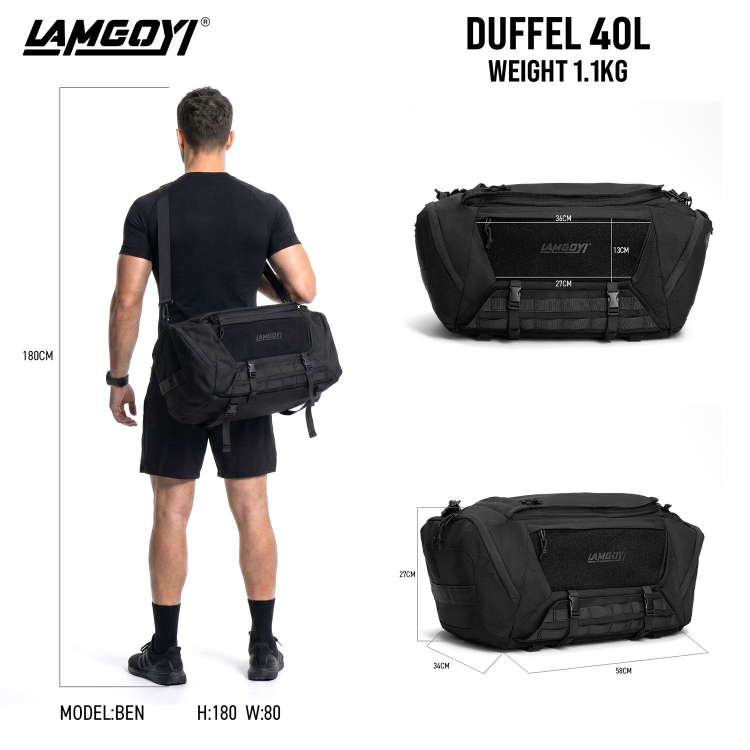 LAMGOYI กระเป๋าดัฟเฟิล สายฟิตเนส GYM & HYROX Tactical Duffle Bag รุ่น CORE สีดำ (Black)-2